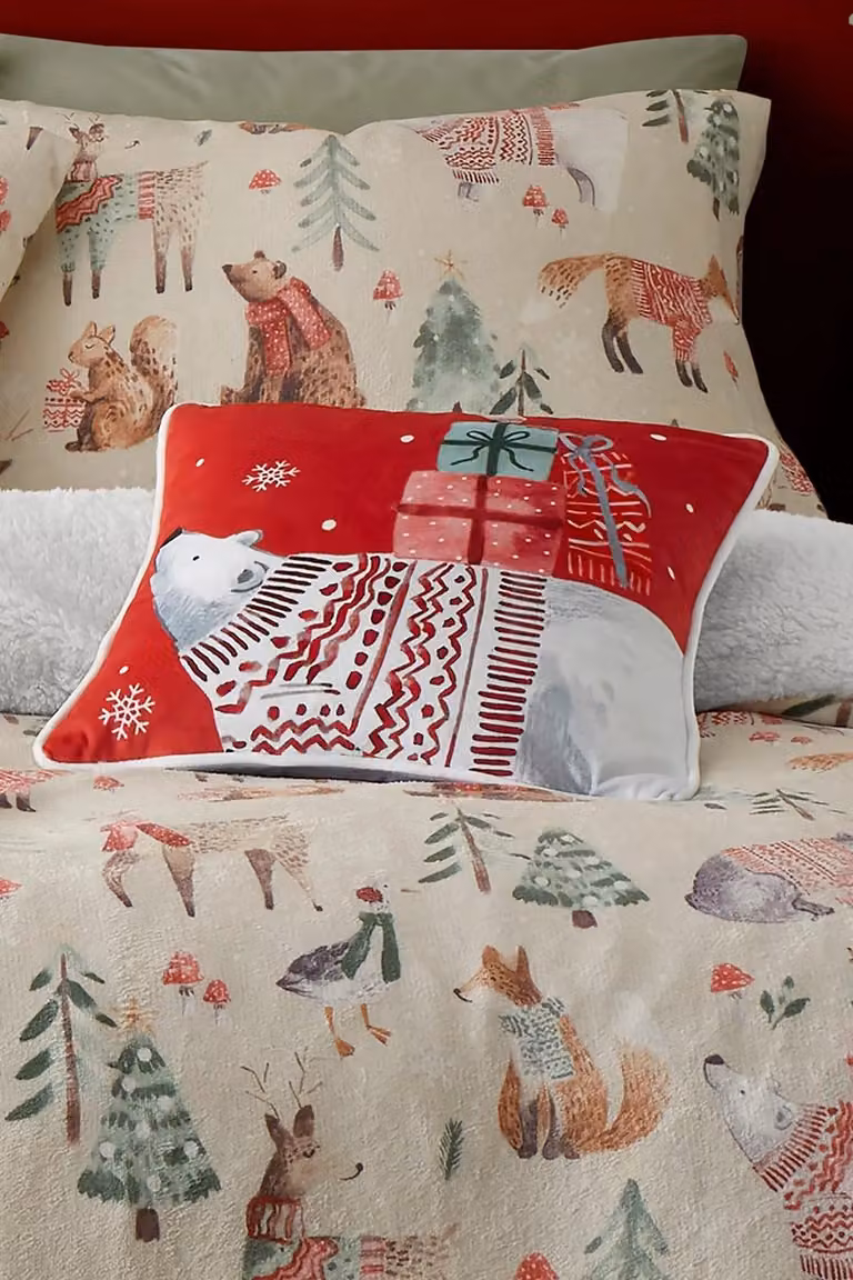 Fusion Christmas Polar Bear and Snowflake Velvet Filled Cushion in Red and Grey, W/D/H: 43 x 43 x 43 cm
