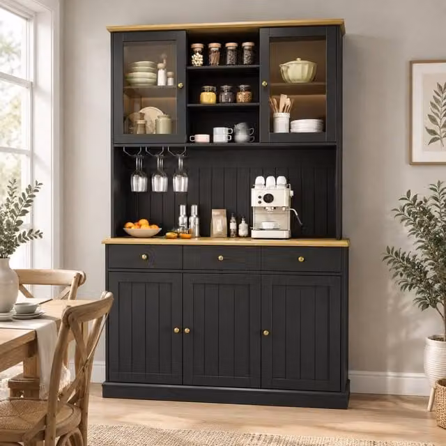 STILVORA Tall Kitchen Cabinet in Black with USB, Glass Doors and Adjustable Shelves