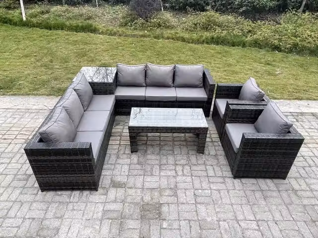 Fimous 8 Seater Rattan Corner Sofa Set with Square Side Table, Oblong Coffee Table and Armchair in Dark Grey