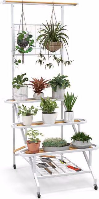 COSTWAY Modern 4-Tier Metal Ladder Planter Stand in White