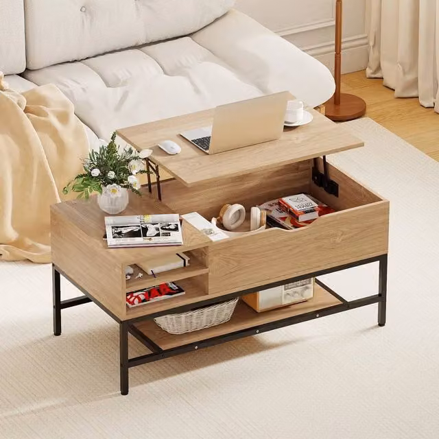 SPETLEK Modern Brown Rectangular Coffee Table with Storage Shelf and Lift Mechanism