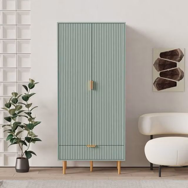 HMD Modern Green and Gold Wardrobe with Hinged Doors and Drawers