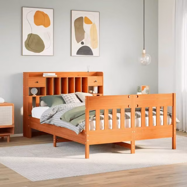 Berkfield Home Wax Brown Solid Pine Bed Frame with Drawers, W/D/H: 160 x 200 cm