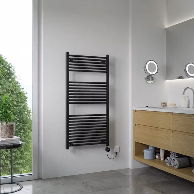 Bathroom Kingdom Luna Electric Heated Towel Rail, Black, W: 600 mm, H: 1200 mm – 1