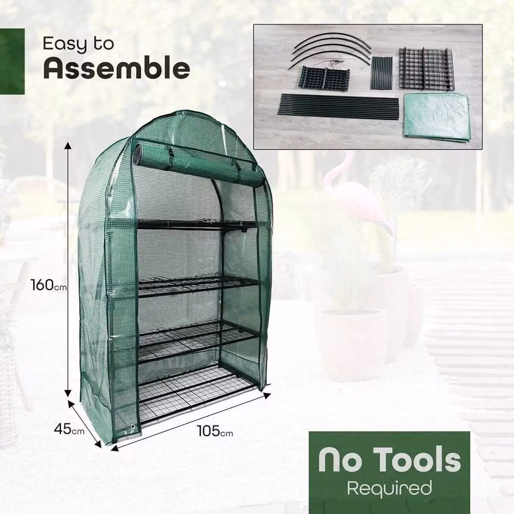 NESTLUNE 4 Tier Wide Greenhouse with Frame and Roll Up Zip Cover, Green, W: 100 cm, D: 15 cm – 2