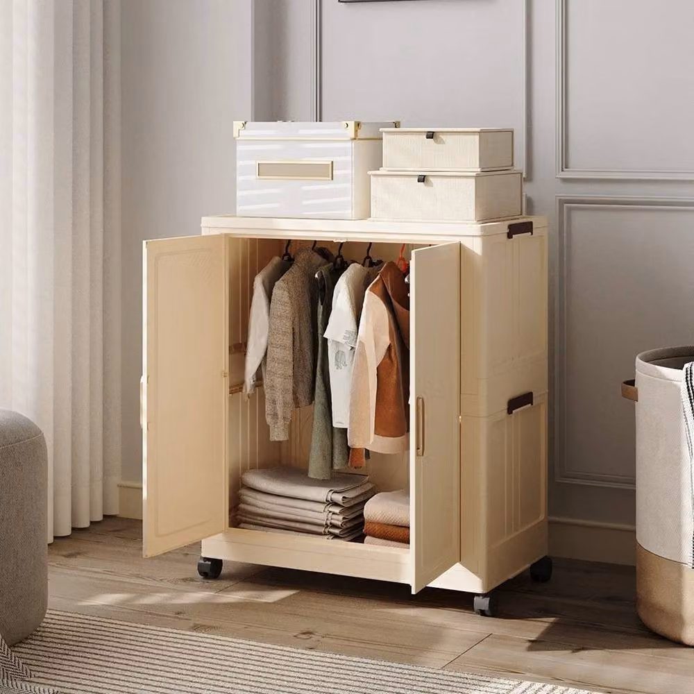 FORGEVIO Beige Plastic Wardrobe Storage Cabinet with Wheels and Hanging Rod – 3