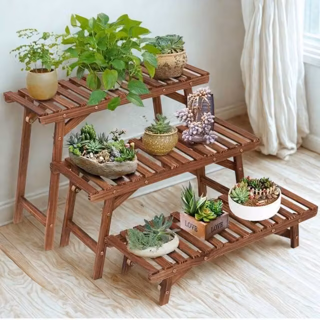 FURNOS 3 Tier Bamboo Step Plant Stand in Brown