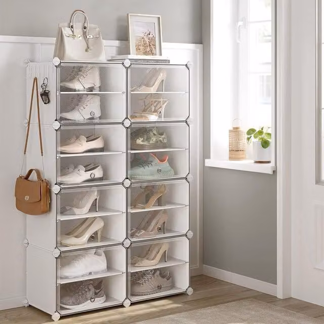 SONGMICS Modular 8-Slot Shoe Storage Cabinet with Transparent Glass Doors in White – 1