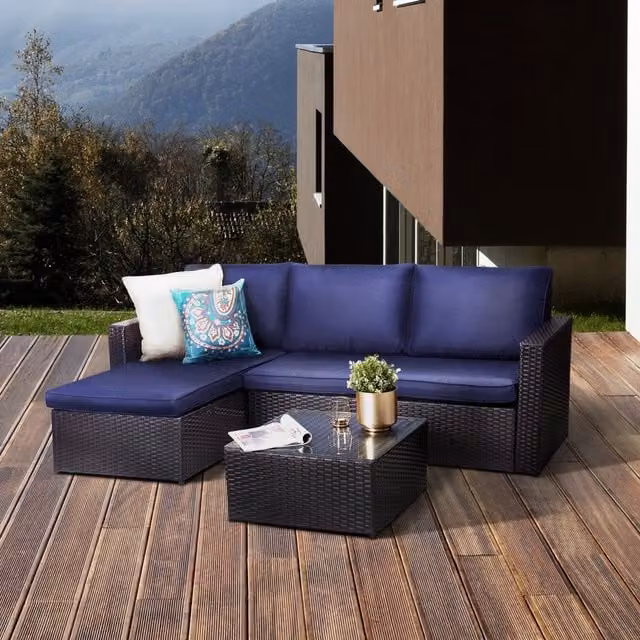 Teamson Home 3 Piece Modern Blue and Brown Rattan Garden Furniture Set with Glass and Metal Details