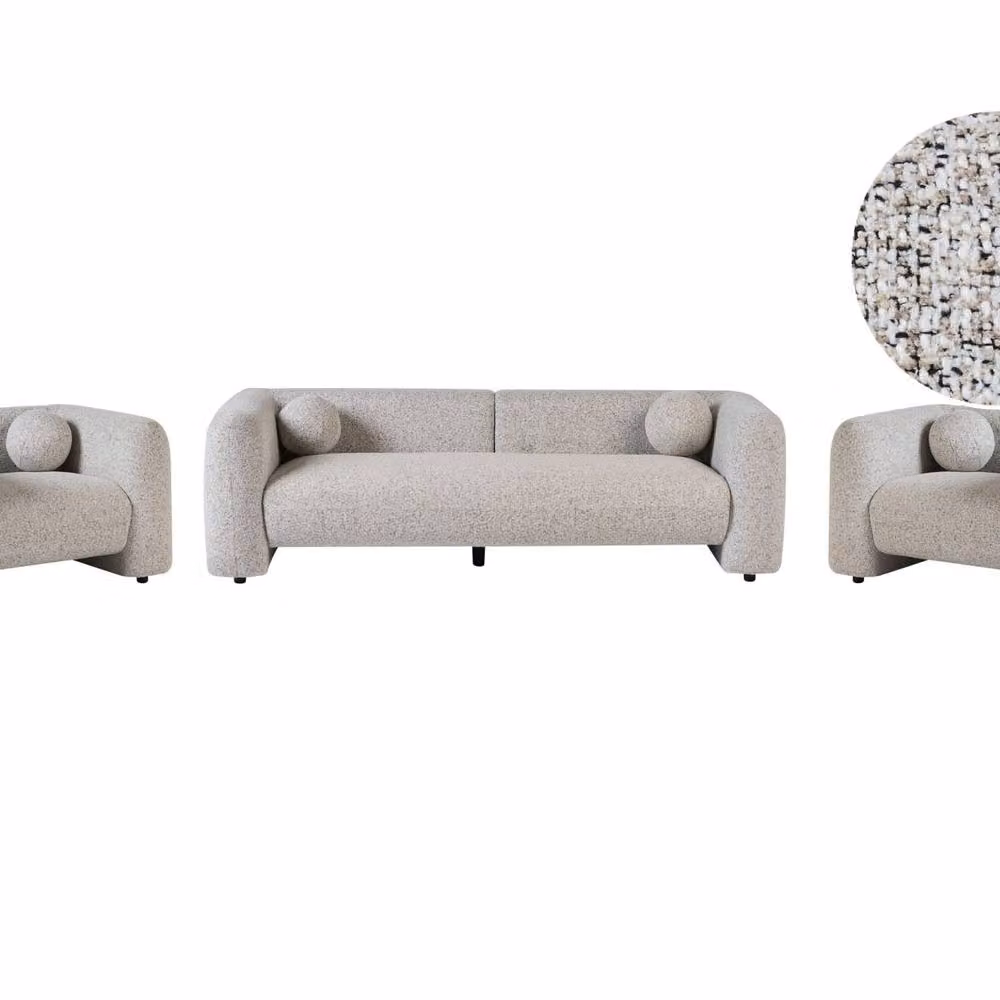 Wyld and Coco Retro 5-Seater Beige Fabric Sofa Set with Armchair and Solid Wood Frame – 2