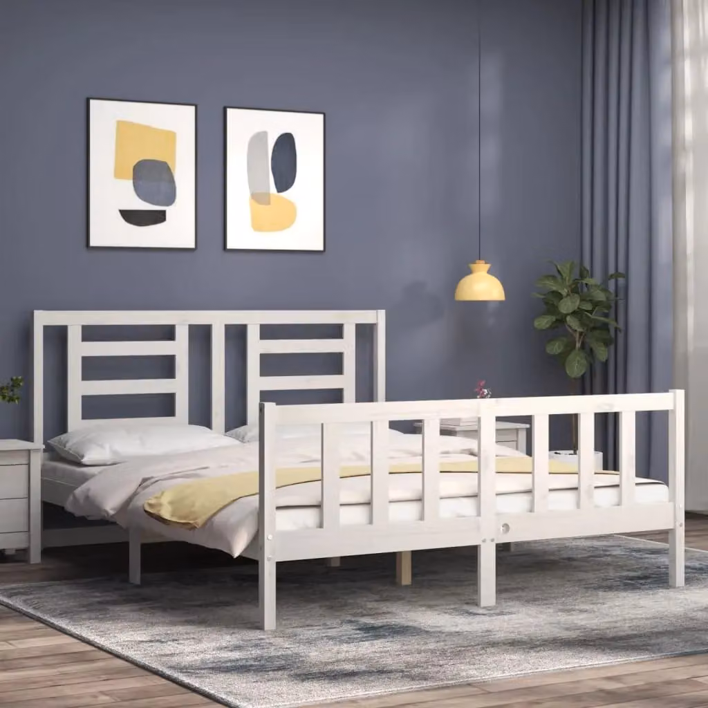 Berkfield Home White Solid Pine Wood Bed Frame with Headboard W/D/H: 160 x 200 cm – 3