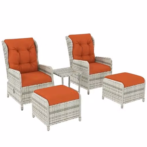 Outsunny 4 Piece Rattan Garden Furniture Set with Lounge Armchair, Ottoman, Coffee Table and Upholstered Cushions in Orange