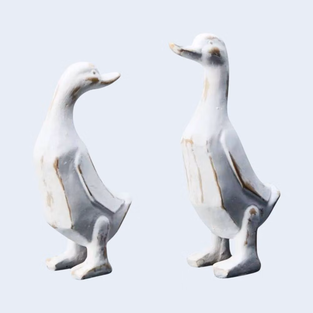 Set of Four Rustic Whitewashed Wooden Duck Tabletop Decorations in White