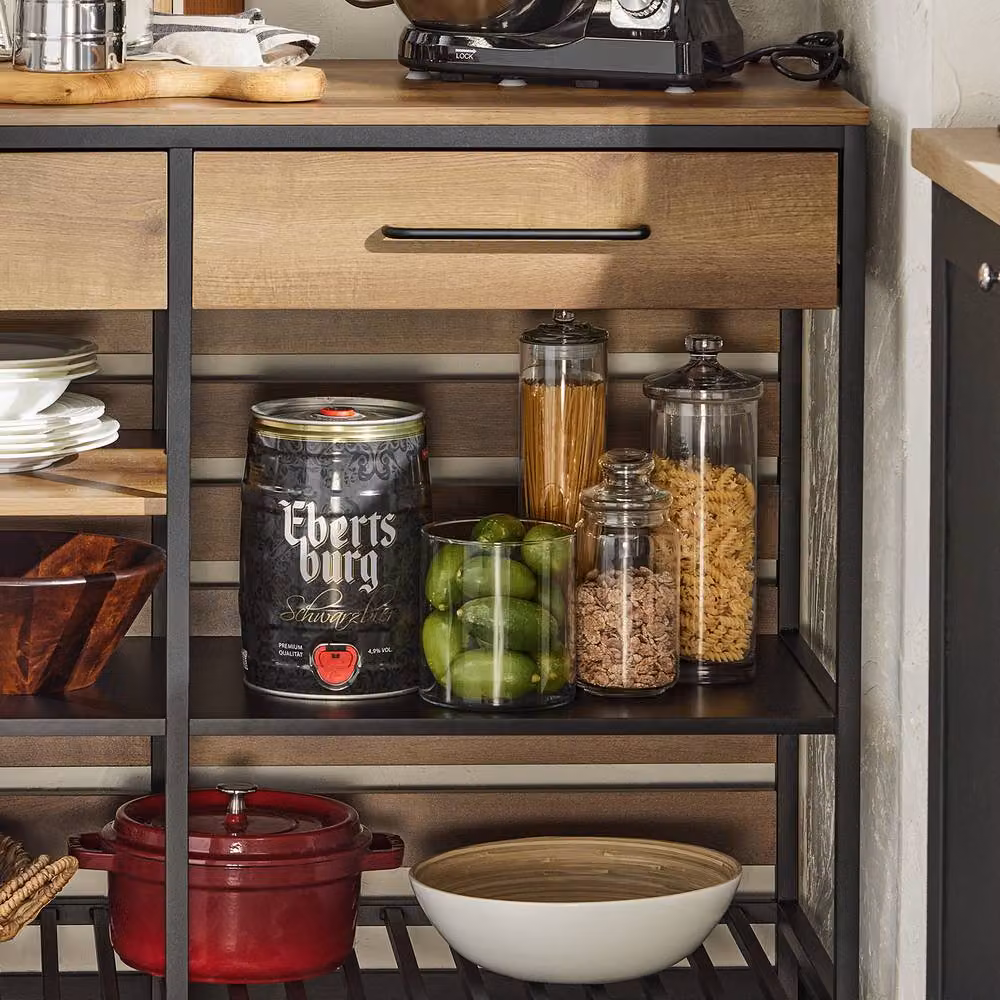 SoBuy Industrial Kitchen Island with Open Shelves and 2 Drawers, Brown and Black, W: 120.0 cm, D: 45.0 cm, H: 91.0 cm – 5