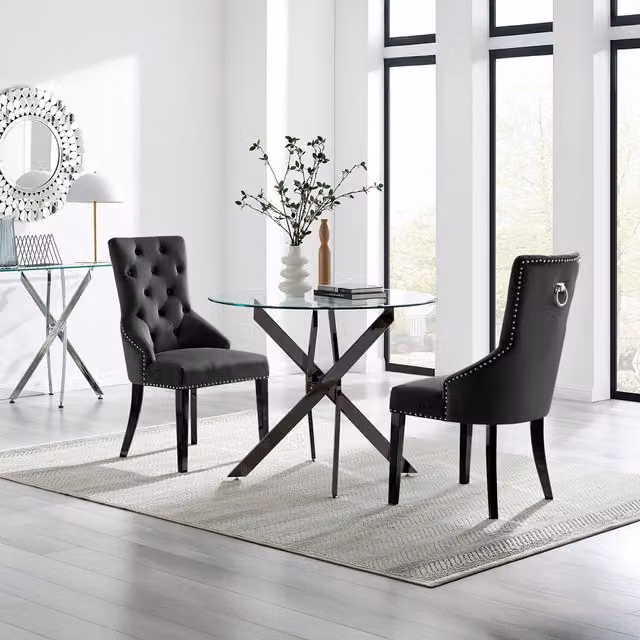 FurnitureboxUK Novara Round Glass Dining Table and 2 Belgravia Chairs in Black