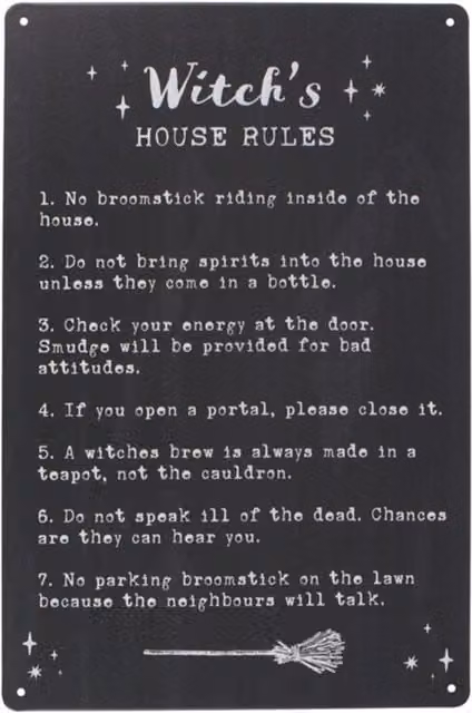 KDMK Witch's House Rules Metal Wall Sign, Black, W: 30 cm, H: 20 cm