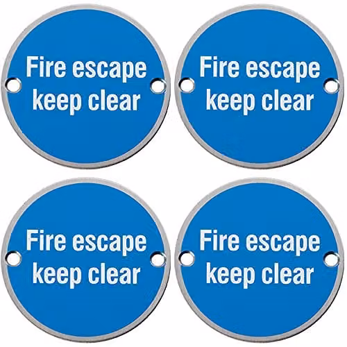 Loops 4 Pack Fire Door Keep Clear Sign, Brushed Silver Stainless Steel, 76mm Diameter, 64mm Fixing Centres – 1