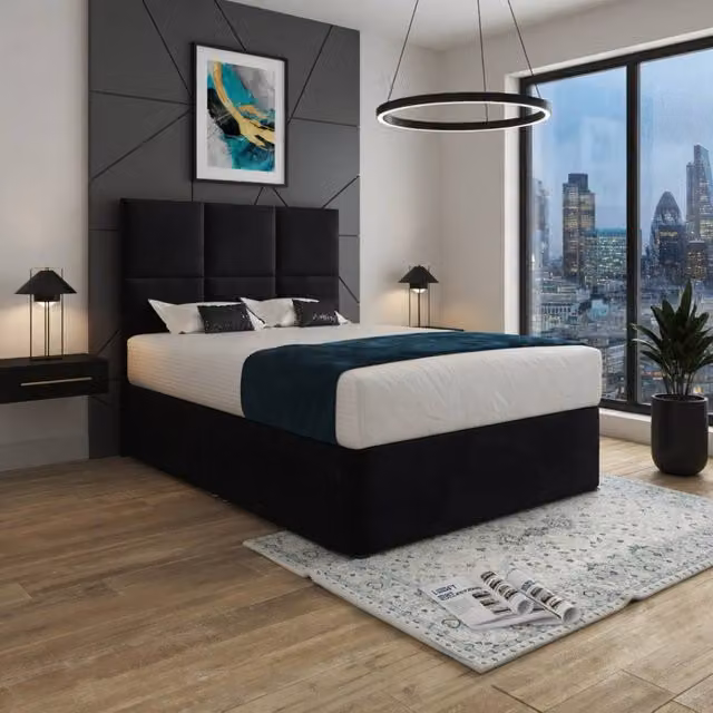 KDMD Ixworth Black Upholstered Designer Bed Frame with Floorstanding Headboard and Drawers, 140 x 200 cm
