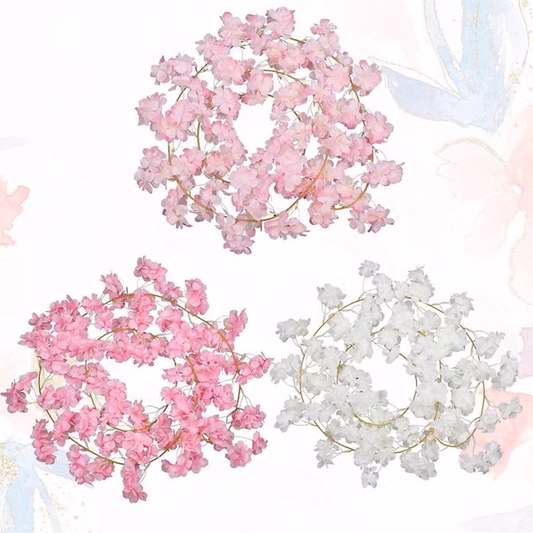 Neel Blue Artificial Silk Cherry Blossom Hanging Vine in Baby Pink and Cream, Length: 180 cm