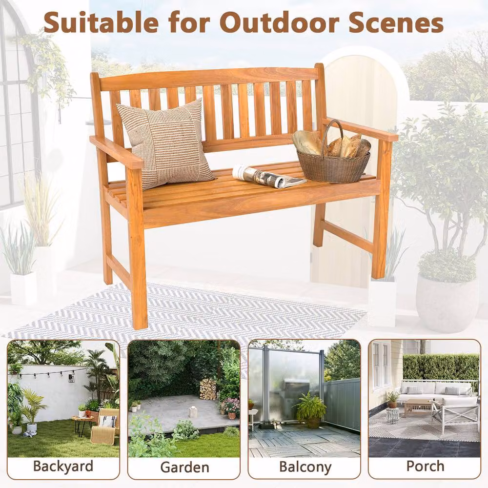 Gymax 2-Person Acacia Wood Outdoor Loveseat Bench with Armrests in Khaki – 5
