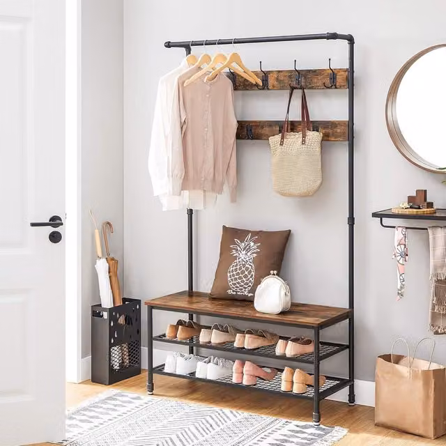 The Bazaarist Large Hall Tree Coat Rack with Bench, Shoe Storage and Hanging Rail in Rustic Brown and Black