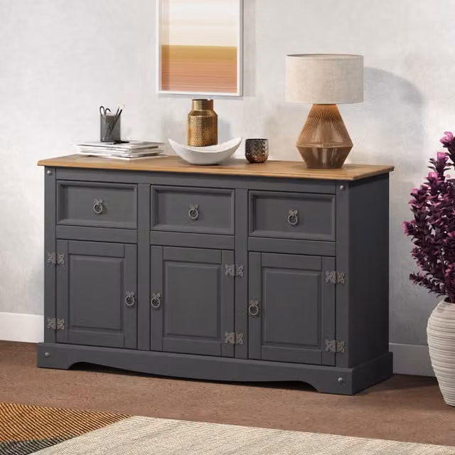 Mercers Furniture Corona 3 Door 3 Drawer Sideboard in Distressed Charcoal Wax Solid Pine Wood