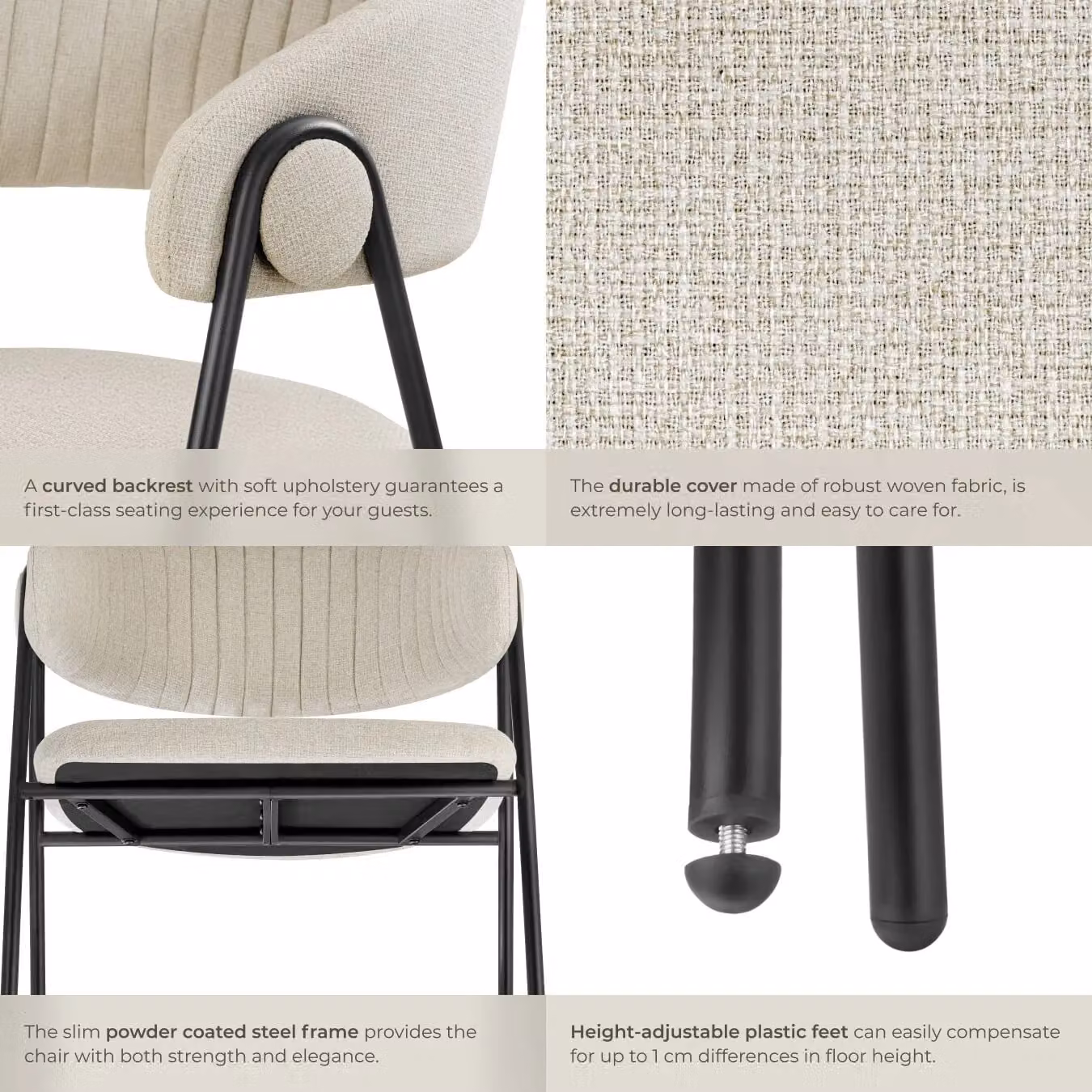 tectake Bedano Set of 4 Dining Chairs in Beige with Metal Frame and Upholstered Fabric and Synthetic Leather – 4