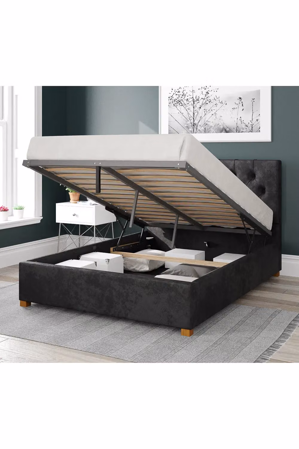 Aspire Olivier Upholstered Ottoman Storage Bed in Black Velvet Fabric, W/D/H: 140 x 200 cm – 2