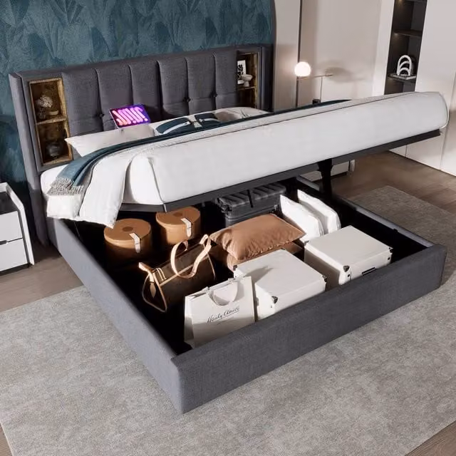ModernLuxe Upholstered Ottoman Bed with Storage Headboard and USB Charging Port in Grey, Super King, W/D/H: 200 x 160 x 206 cm
