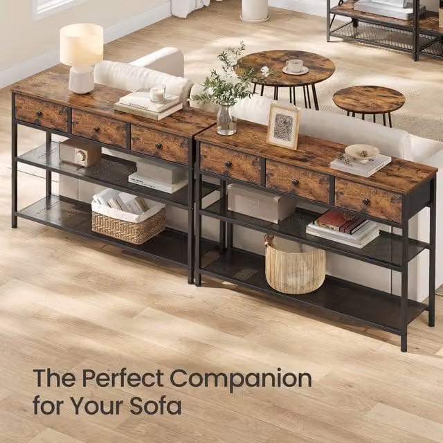 SONGMICS Modern Console Table with 3 Drawers and Mesh Shelves, Brown, W: 98.8 cm, D: 30 cm, H: 78.7 cm