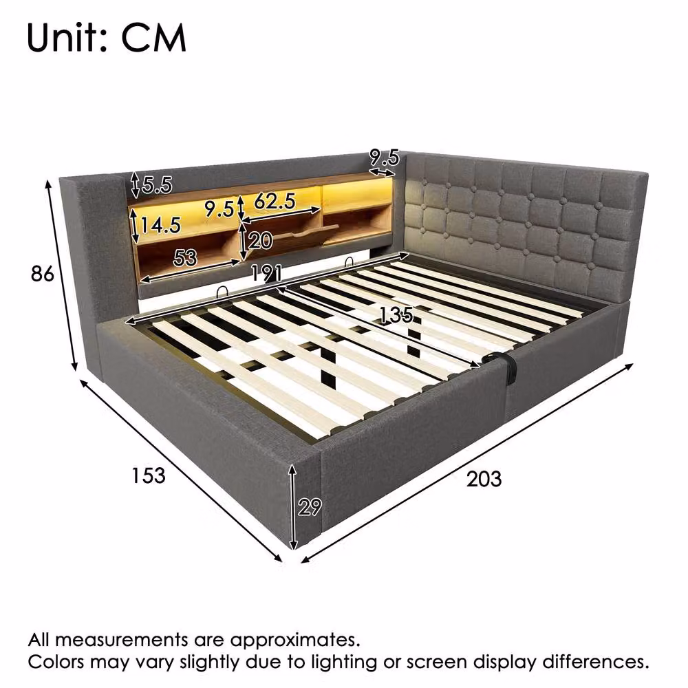 BTM Grey Upholstered Double Day Bed with USB Type C Charging Port, Under-Bed Lighting and Side Storage Compartments, W/D/H: 140 x 200 cm – 2