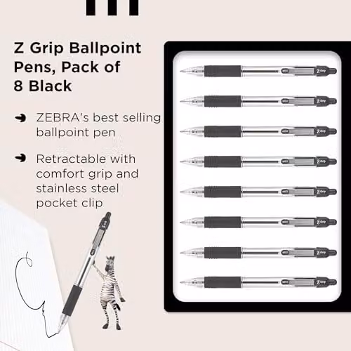 Zebra Z Grip Retractable Black Ballpoint Pens with Pocket Clip, 8 Pack – 3