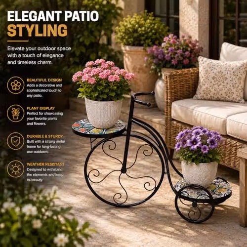 SHATCHI Mediterranean Mosaic Tricycle Plant Stand with Geometric Metal Tile Top, H 65 x W 26 x D 65 cm – 5