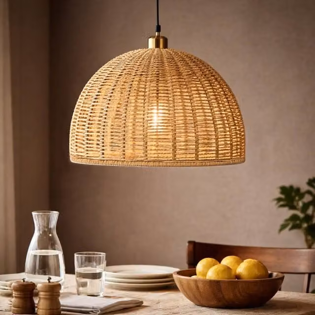 Voltico Handwoven Brown Rope and Rattan Dome Lampshade, Diameter: 28 cm