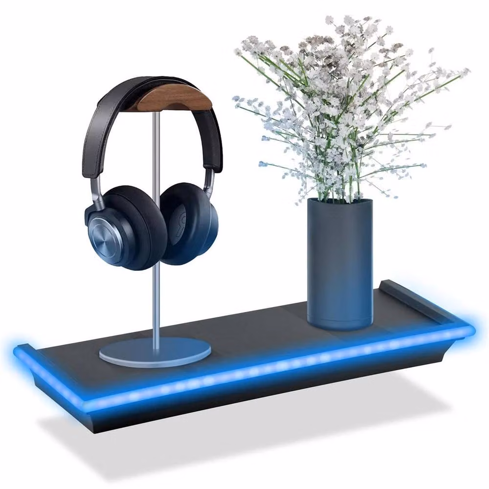 GEEZY Black Floating Wall Mounted Shelf with Integrated Blue LED Neon Light – 3