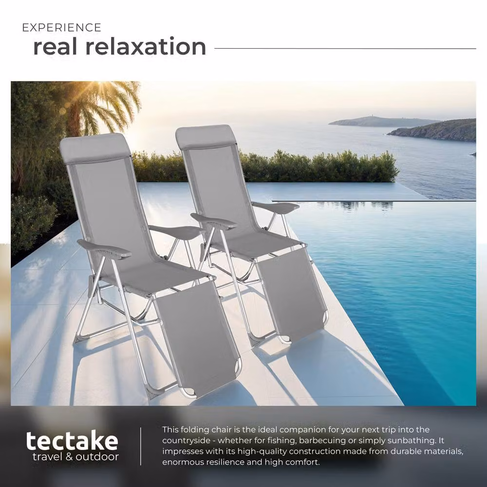 tectake 2-Seater Folding Aluminium Garden Chairs with Adjustable Headrest and Footrest in Grey – 4