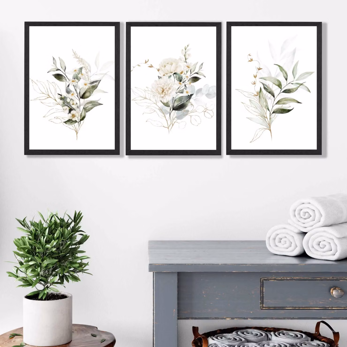 ARTZE Set of 3 White and Green Floral Botanical Wall Art Prints with Black Frames – 2