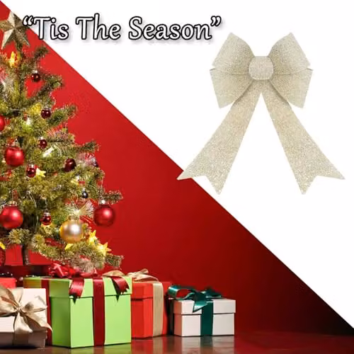 VFM e-Store Tinsel Light Up Bow Christmas Decoration in Champagne and Gold, W/D/H: 29 x 43 x 10 cm – 5