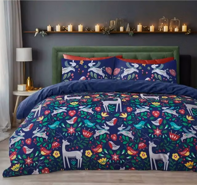 Velosso Robin Scandi Blue Printed Cotton Rich Duvet Cover and Pillowcase Set, W/D/H: 135 x 200 cm and 50 x 75 cm