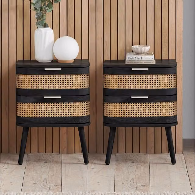 Birlea Pair of Black Rattan 2 Drawer Bedside Cabinets
