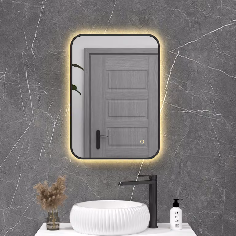 Royal Bathrooms Luton Rectangular LED Illuminated Bathroom Mirror in Matt Black, W: 50 cm, H: 70 cm