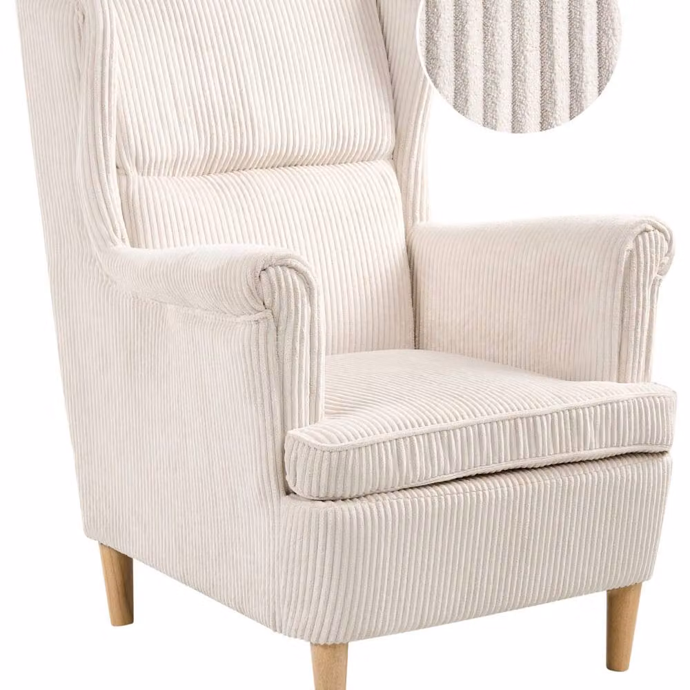 Wyld and Coco Retro Wingback Lounge Chair in Beige Corduroy with Rubberwood Legs – 2