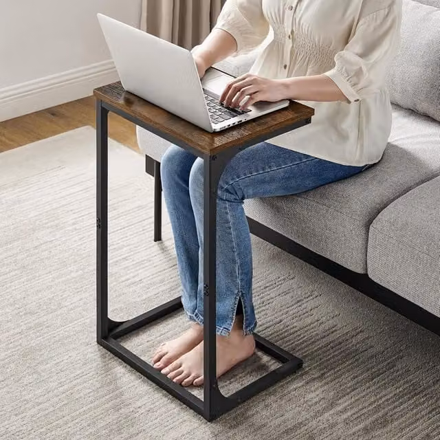 The Bazaarist C-Shaped Sofa Side Table with Industrial Metal Frame in Rustic Brown and Black