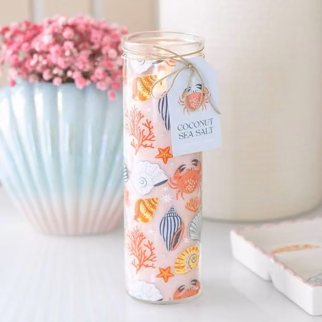 Uniqueful Coconut and Sea Salt Tube Candle with Pastel Shell Print, Multicolour, Height: 15 cm