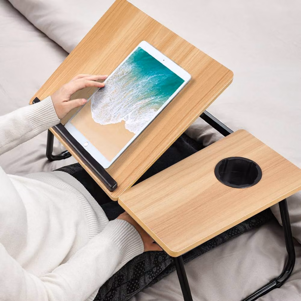 Living and Home Adjustable Folding Laptop Bed Table with Tilting Top and Cup Slot in Natural Brown – 2