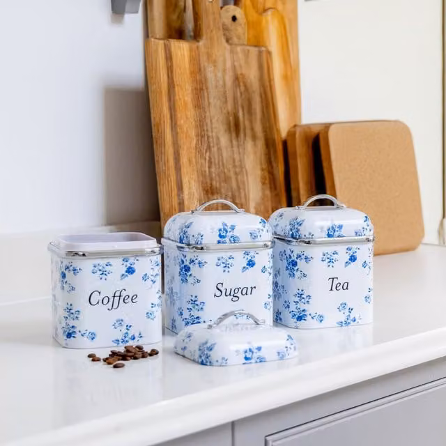 LauraAshley Set of 3 Floral China Rose Enamel Canisters in Blue and White