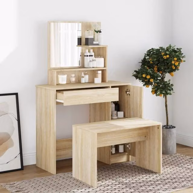 Berkfield Home Sonoma Oak Dressing Table Set in Brown, W/D/H: 86.5 x 35 x 136 cm