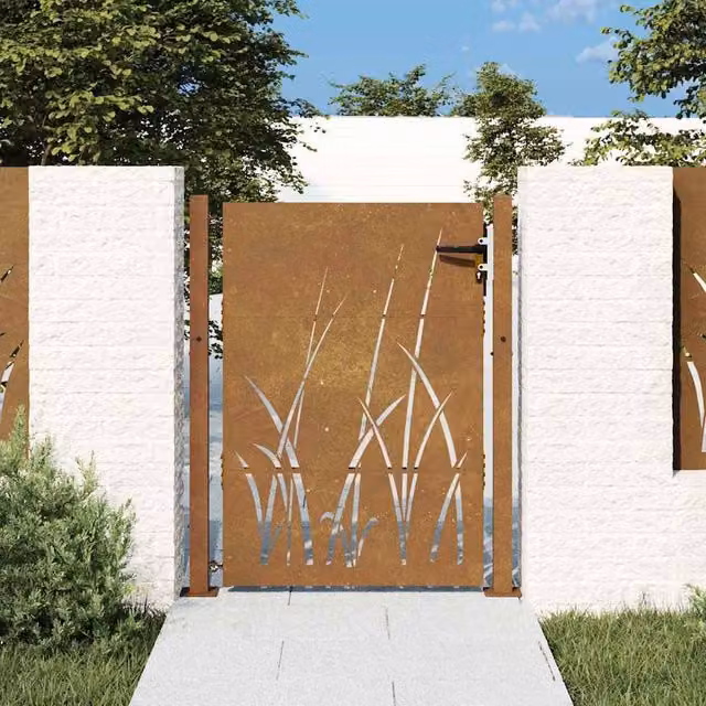 Berkfield Corten Steel Garden Gate with Grass Design in Brown, W: 105 cm, H: 155 cm