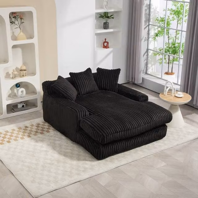 Direct Wicker Modern Oversized Upholstered Chaise Lounge Sofa with 2 Scatter Cushions in Black – 1