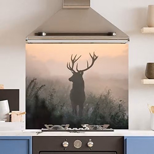 Wild Misty Stag Multicolour Glass Kitchen Splashback, Heat Resistant Toughened Tempered Glass with Polished Edges, W: 90 cm, H: 75 cm